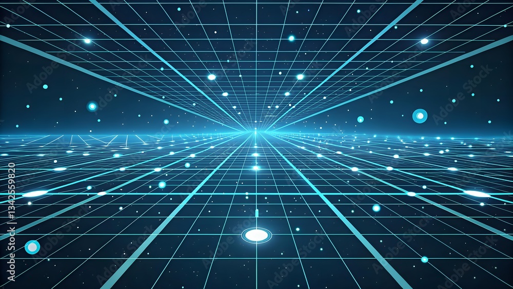 Poster abstract blue neon grid tunnel with glowing points of light, representing virtual reality and modern