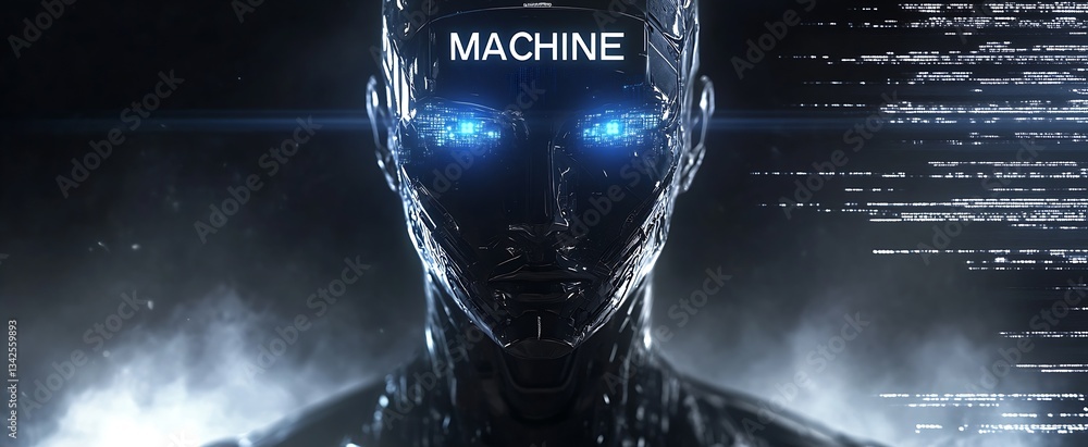 Aufkleber Mesmerizing robotic head illuminated by blue light with data streams emphasizing advanced intelligence : Generative AI