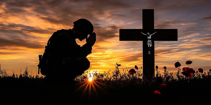 Soldier praying before crucifix on cross during stunning sunset with red flowers around : Generative AI