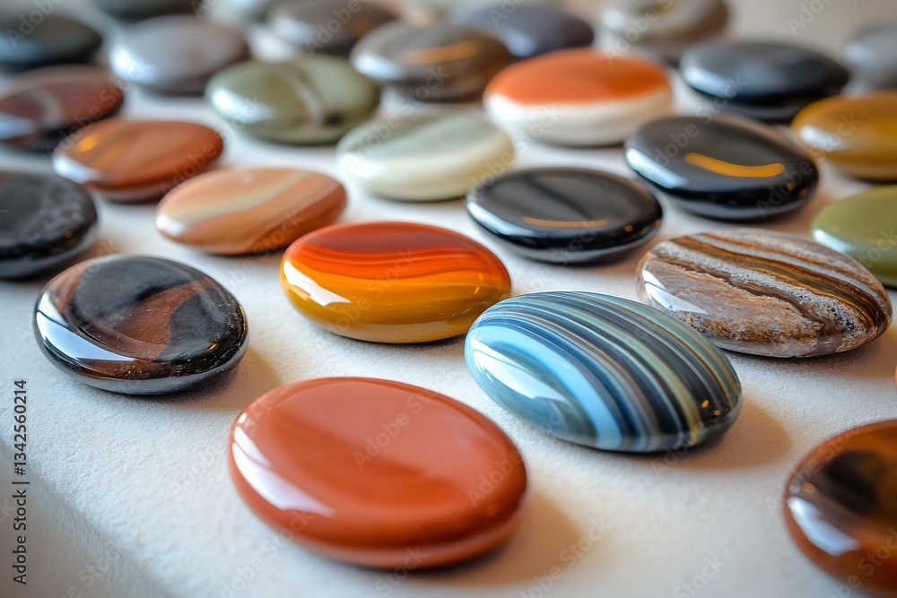 Poster vibrant collection of polished gemstones showcasing natural patterns and colors for decorative uses 