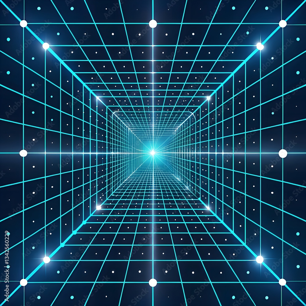 Poster digital futuristic grid tunnel with glowing blue lines and dots, abstract 3d perspective for technol