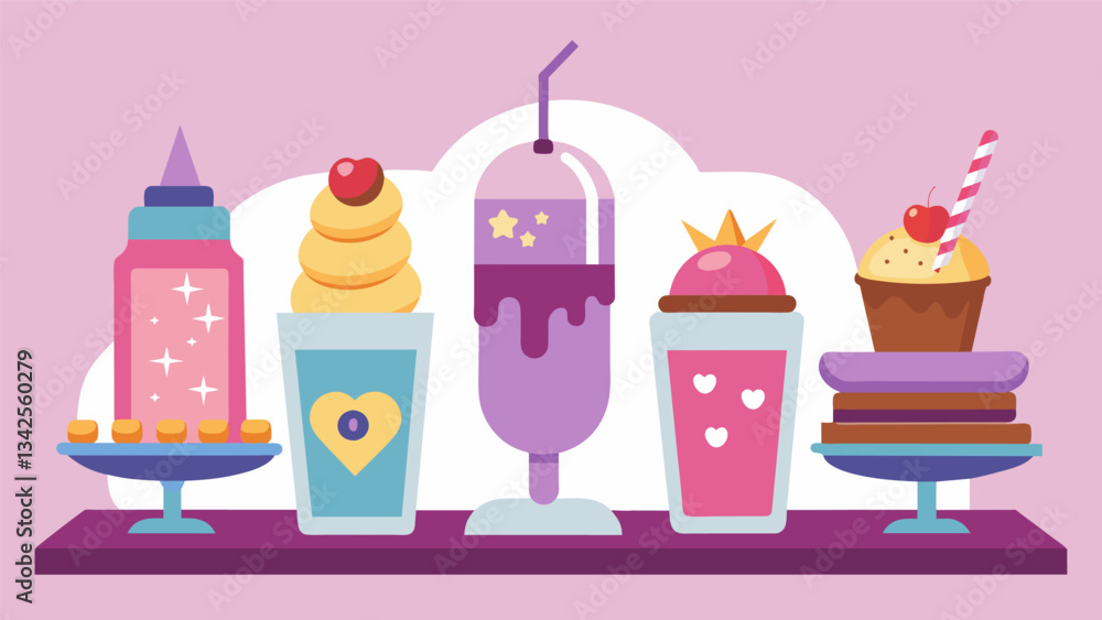 Poster a variety of sauces and syrups labeled with creative names like unicorn magic and berry blast at the