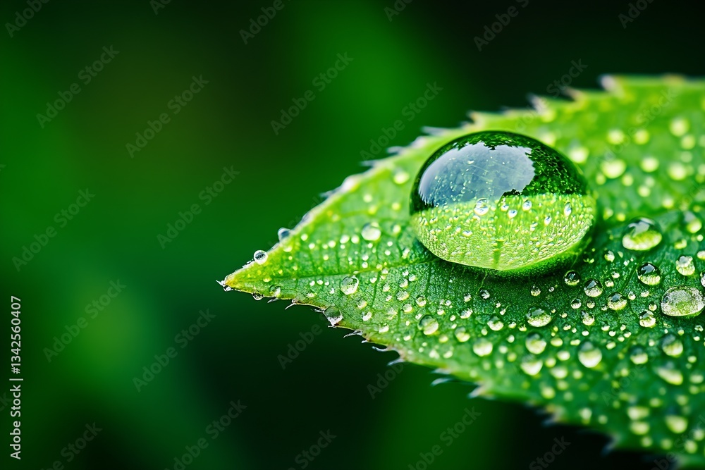 Fototapete Macro image of multiple water droplets on a leaf reflecting the surrounding greenery in sharp detail : Generative AI