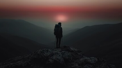 Fototapeta premium Hiker Silhouette at Sunset Epic Mountain Landscape Photography