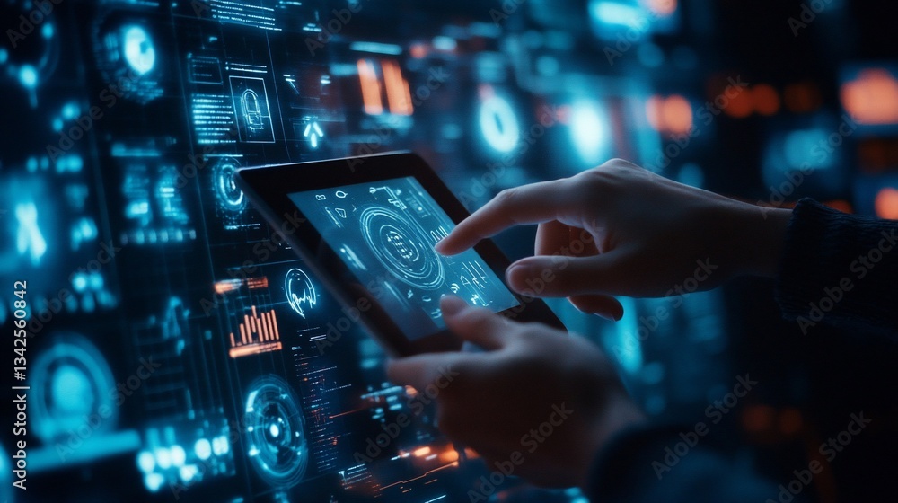 Poster advanced technology concept with a person using a digital interface