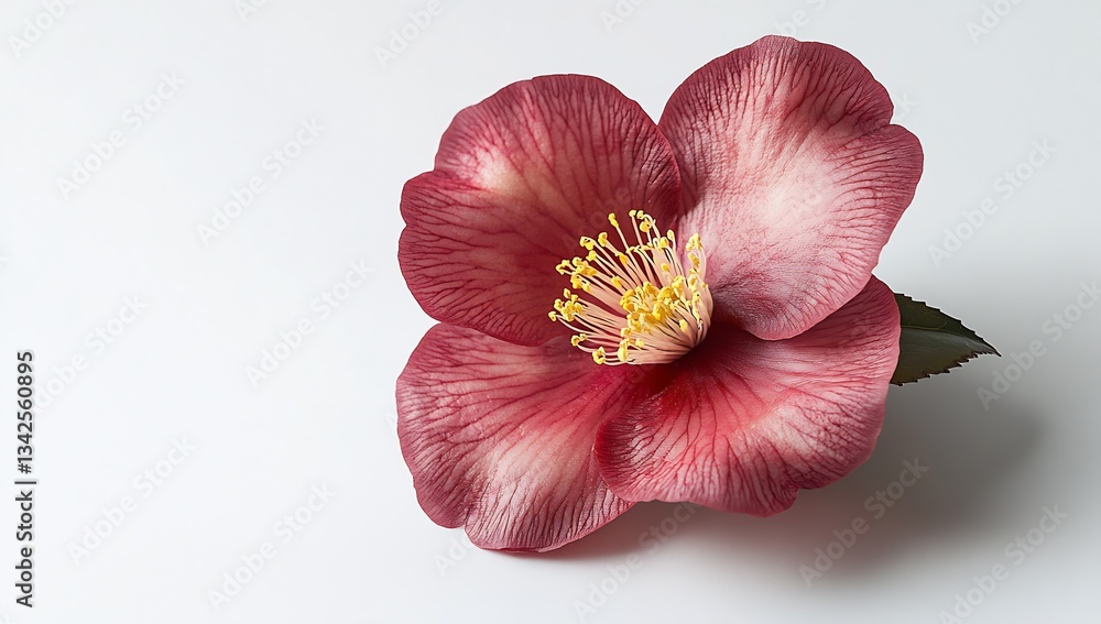 Poster elegant red and pink flower with delicate veins in petals and yellow stamen standing out against min