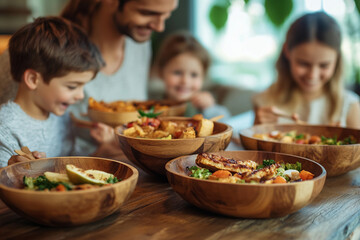 Naklejka premium Family enjoying healthy meals together at home during a warm afternoon