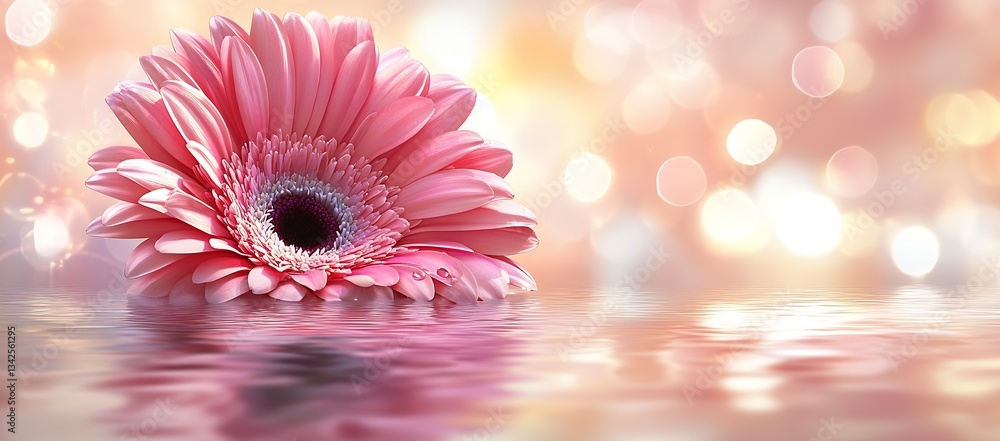 Aufkleber lovely pink gerbera daisy floating on clear water with dappled light reflecting in a dreamlike soft-
