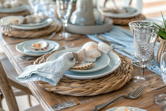 Elegant table setting with seashell decor and candles for a coastal dinner at sunset