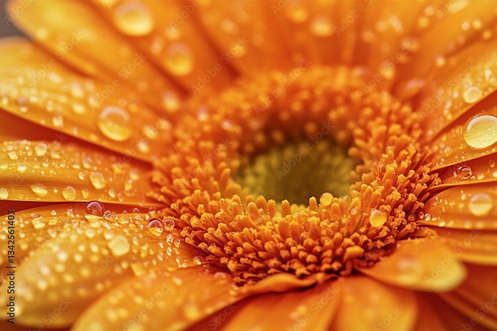 Poster exquisite detail of an orange flower with shimmering droplets reflecting light on each petal : gener
