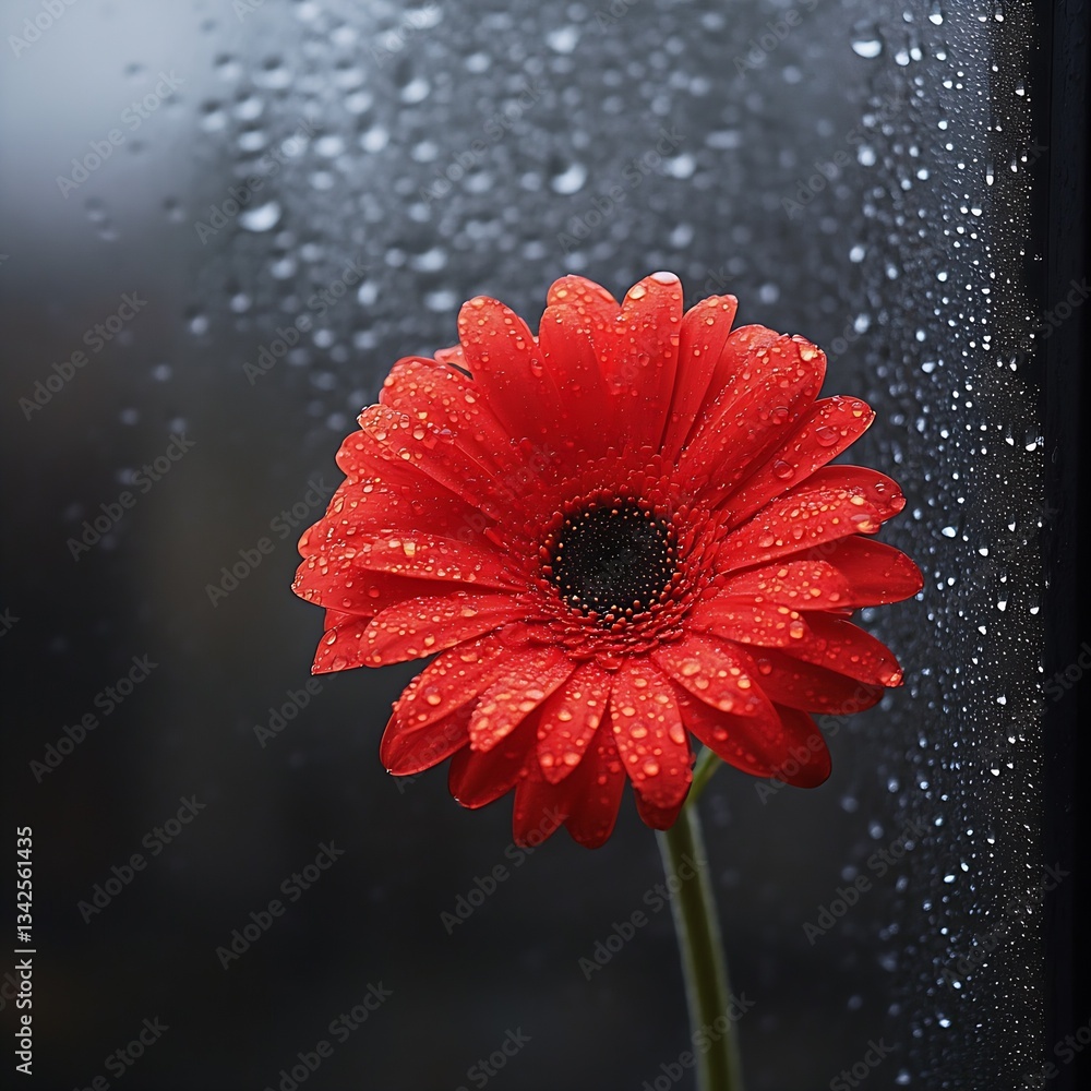 Poster Beautiful Red Flower with Glimmering Water Drops Against a Rainy Window Creating Depth : Generative AI