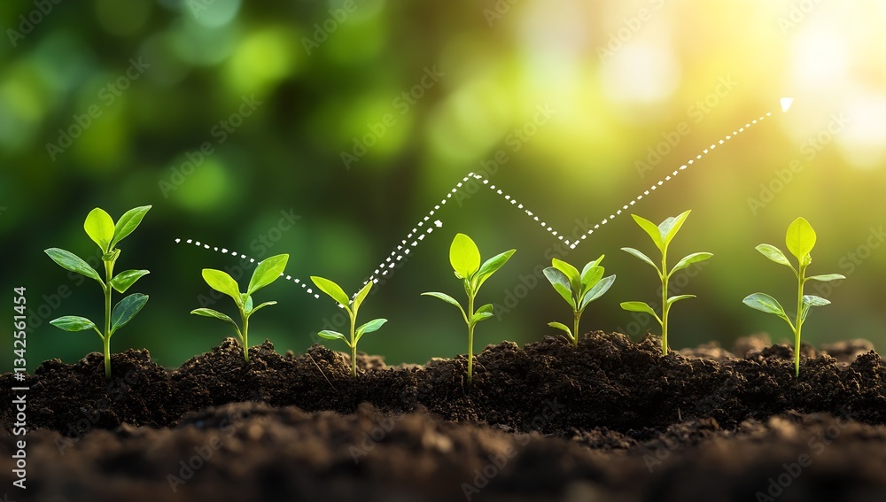 Poster vibrant growth of green plants in rich soil under sunlight with rising graph visualization : generat