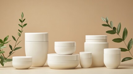 A pristine array of white cosmetic products containers stood in stark elegance against a neutral beige background, their minimalist design exuding sophistication and purity.