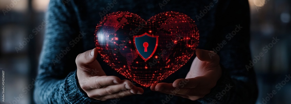Fototapete heart shaped world map with a secure shield symbolizing digital safety and protection : generative a
