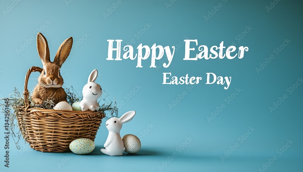 Poster charming easter decorative display with bunnies and colorful eggs nestled in a natural woven basket 