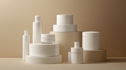 A pristine array of white cosmetic products containers stood in stark elegance against a neutral beige background, their minimalist design exuding sophistication and purity.