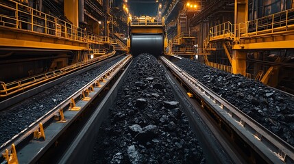 Conveyor Belt Transporting Dark Material Within Industrial Facility Under Bright Lights