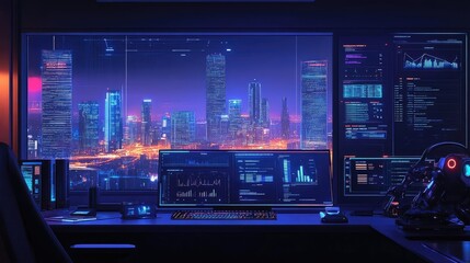 Futuristic Cityscape Night View From Modern Workspace Setup