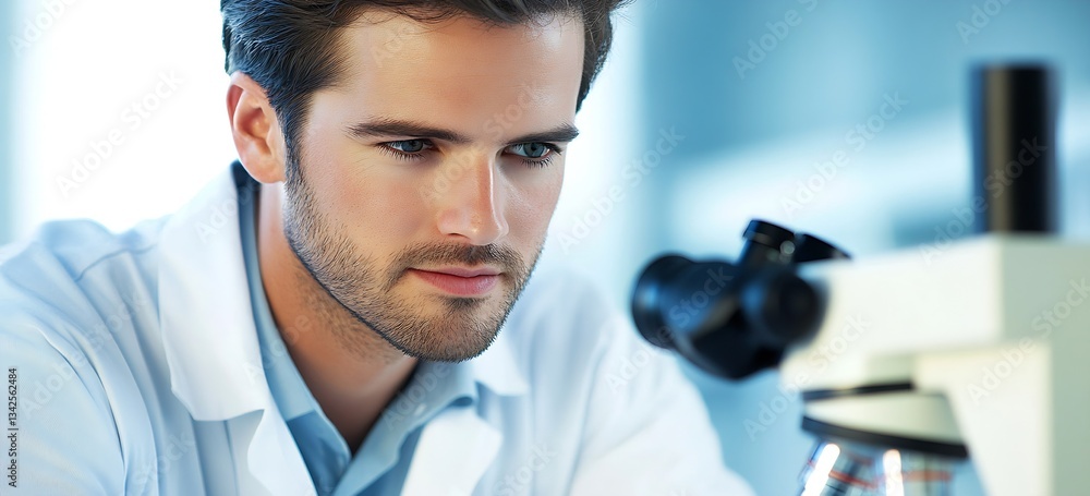 Poster focused researcher examining samples through a microscope in a high-tech laboratory environment : ge