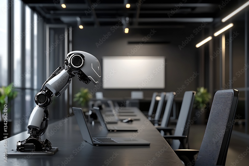 Poster Robot over desk in a stylish office environment preparing for a business meeting : Generative AI