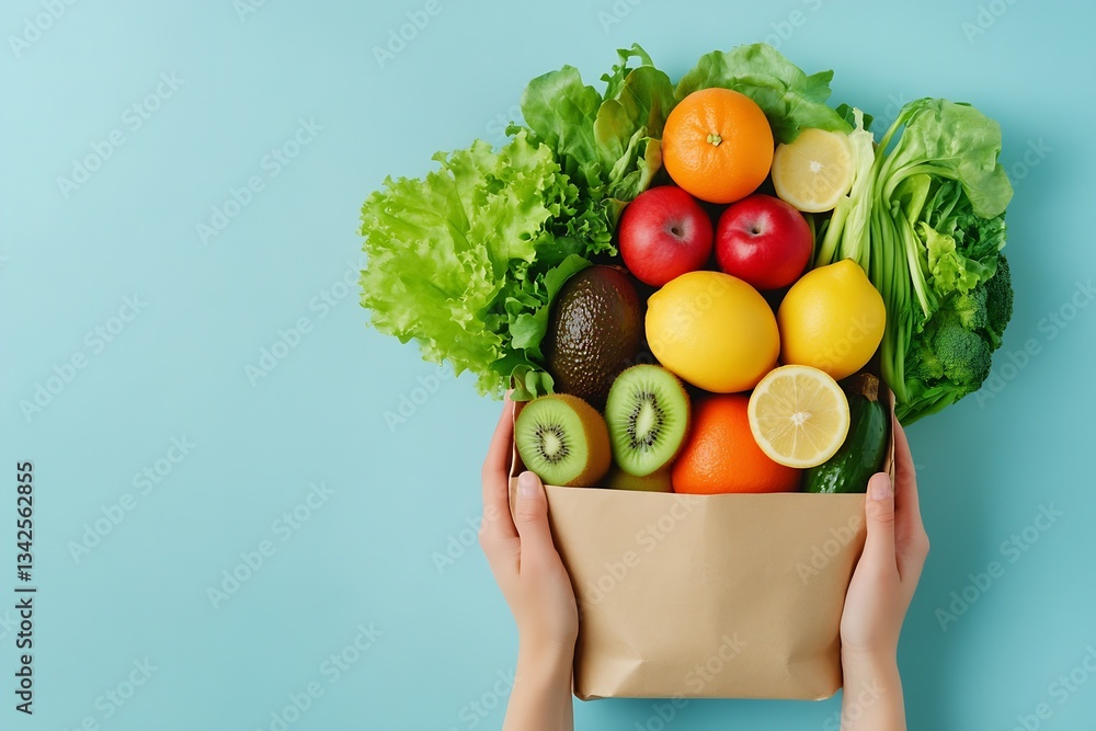 Poster vibrant display of fresh vegetables and fruits in a paper bag shot from above on blue background : g