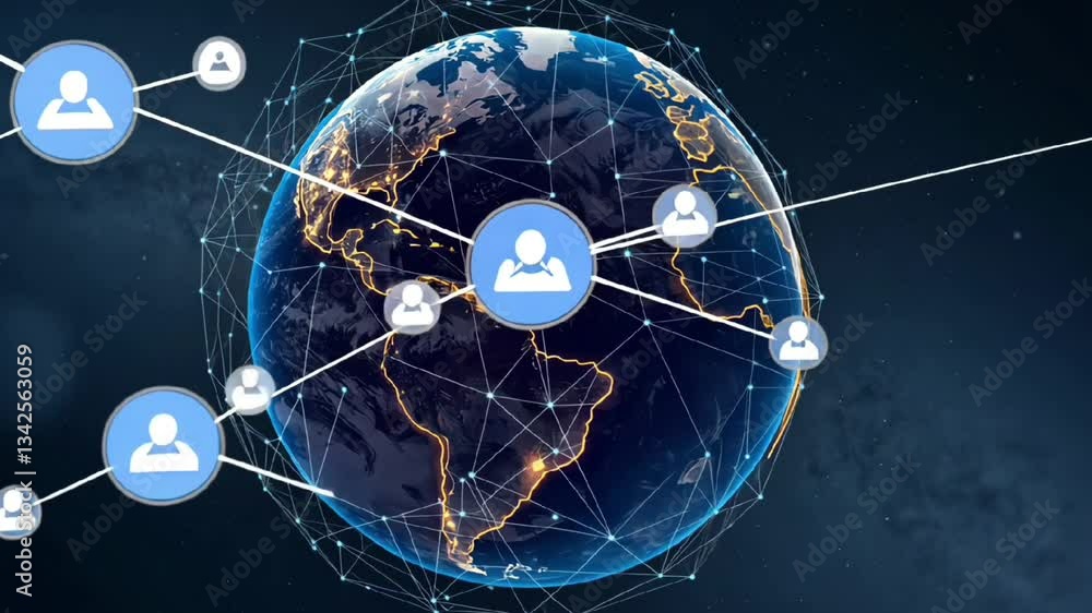 Poster earth globe with network connections and a user icon in the center of the planet view