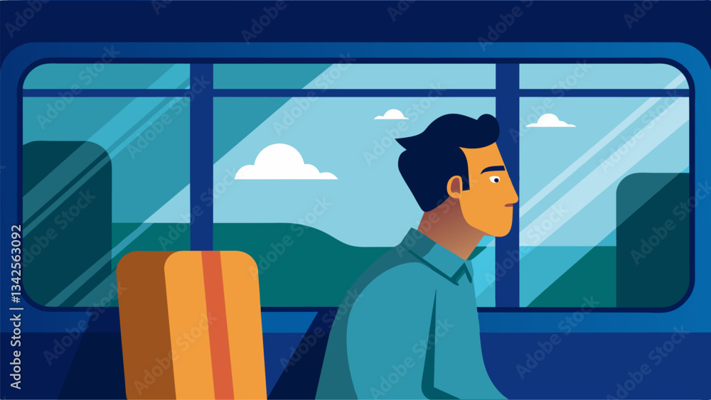 Poster a commuter stands at the window of the bus gazing out at the passing scenery and allowing themselves