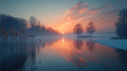 Obraz premium Serene Sunrise over Misty Lake with Reflections