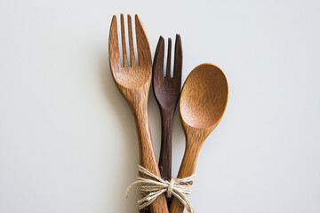 Beautifully crafted wooden utensils tied with jute twine on a neutral background