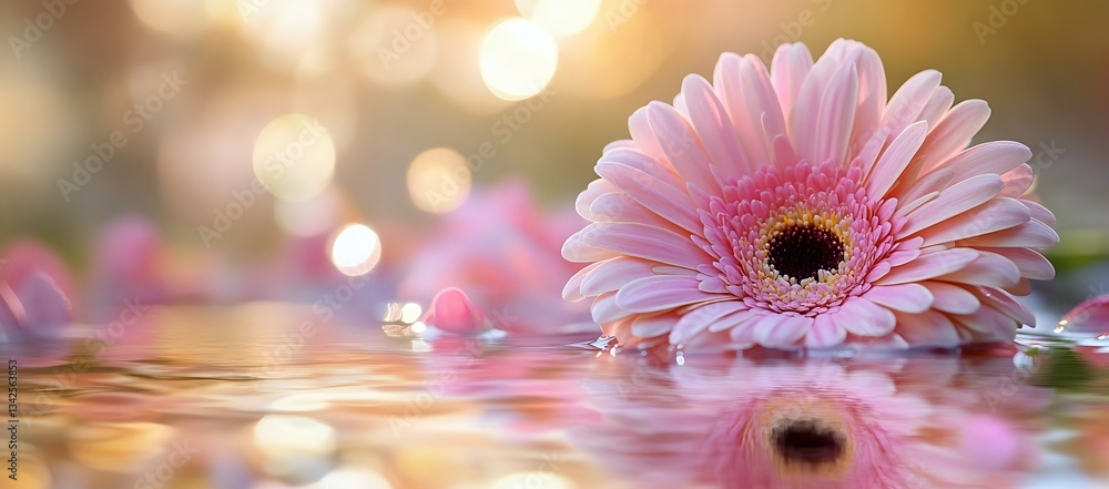 Aufkleber beautiful pink gerbera flower floating gently on water surface with soft bokeh background : generati