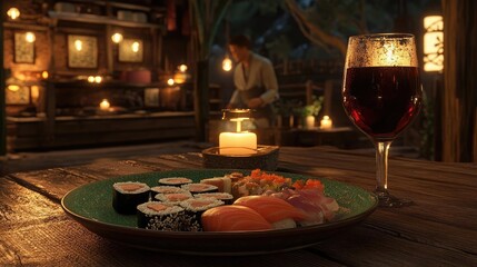 Japanese Sushi Dinner with Red Wine Romantic Candlelit Setting
