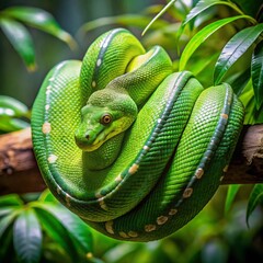 Obraz premium Green snake curled up on a branch. Resting wild green snake on a branch with green leaves background.