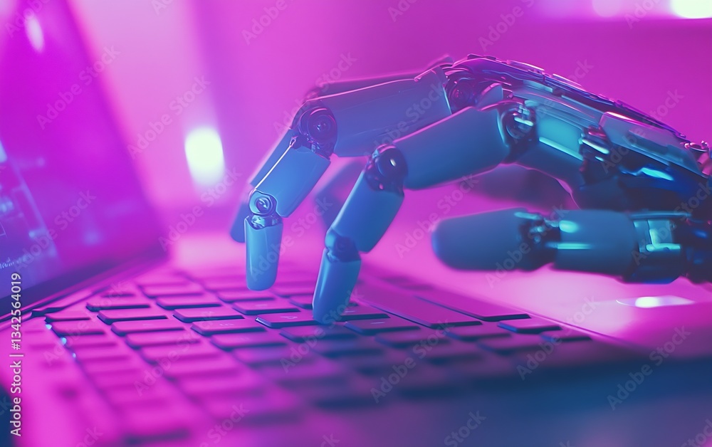 Poster Vibrant pink-lit robotic hand working on a computer keyboard showcasing future tech : Generative AI