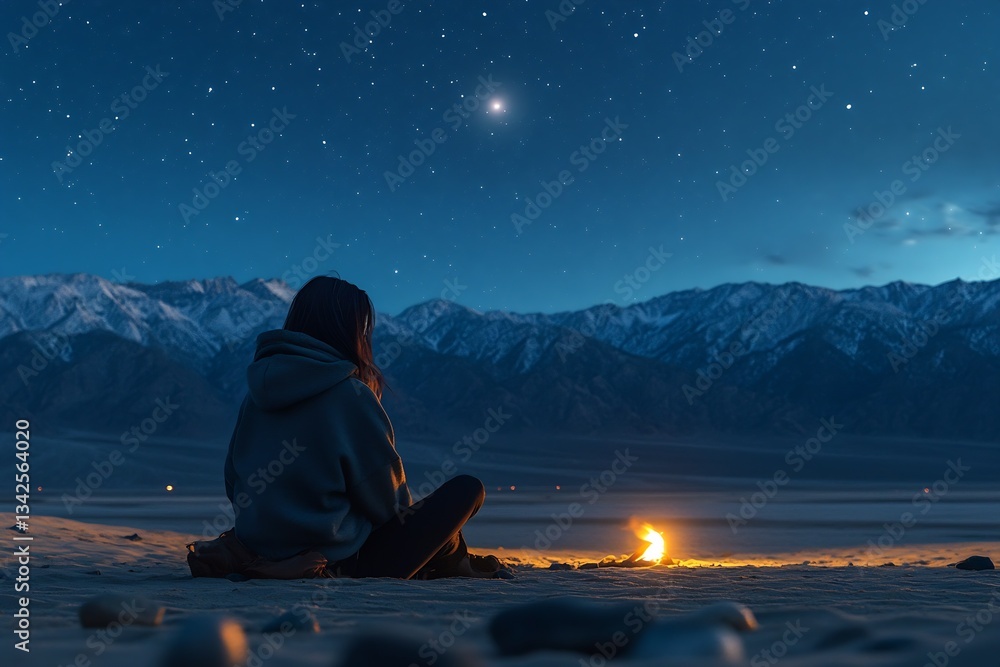 Aufkleber a peaceful evening by the fire under a starry sky with mountains in the background : generative ai