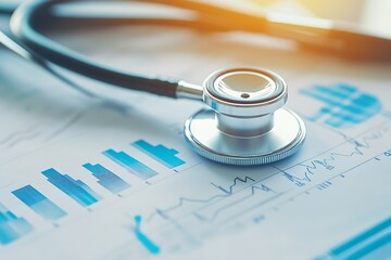Modern stethoscope capturing light on health charts filled with data and trends : Generative AI