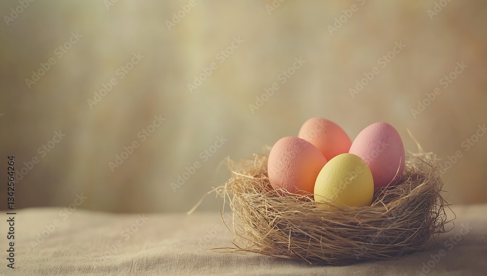 Aufkleber colorful pastel eggs arranged beautifully in a nest on a soft textured background : generative ai