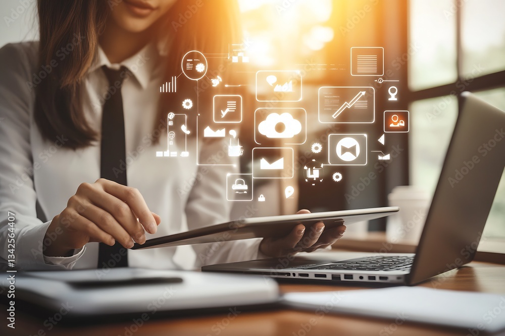 Poster Professional Woman Using Tablet to Connect with Digital Data and Visualize Business Insights : Generative AI