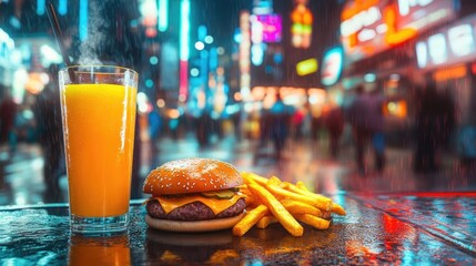 Juicy Cheeseburger and Fries with Orange Juice in Rainy City at Night