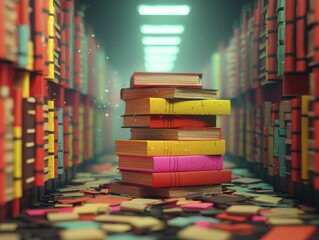 Cityscape formed from piled books and tattered pages, symbolizing overwhelming knowledge and the challenge of information overload.