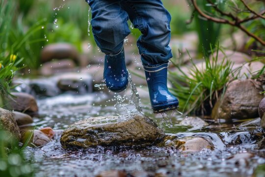 Child jumps in puddles wearing blue boots while playing near a stream surrounded by rocks and green grass on a sunny day