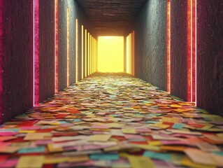 Corporate office hallway flooded with receipts and invoices, employees wading through financial pressure.