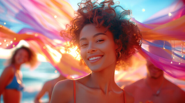 Diverse Young People Celebrating at a Beach Sunset Party with Vibrant Lights and Tropical Vibes