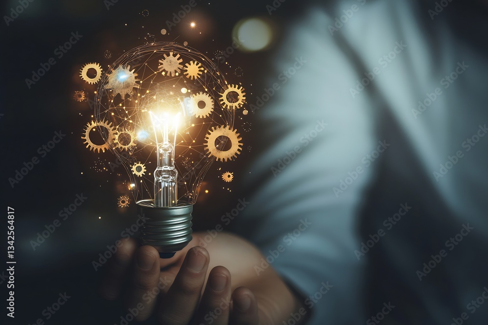 Poster innovative glowing light bulb design illuminating ideas with gears and creative thoughts : generativ