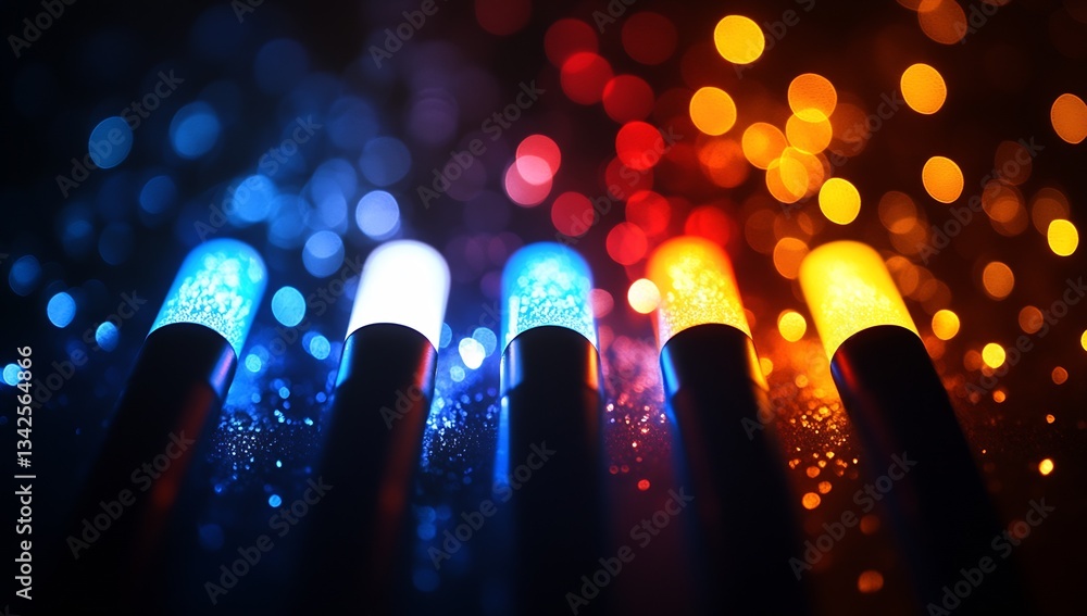 Poster collection of brightly colored light pens arranged in a straight line with a sparkling background : 