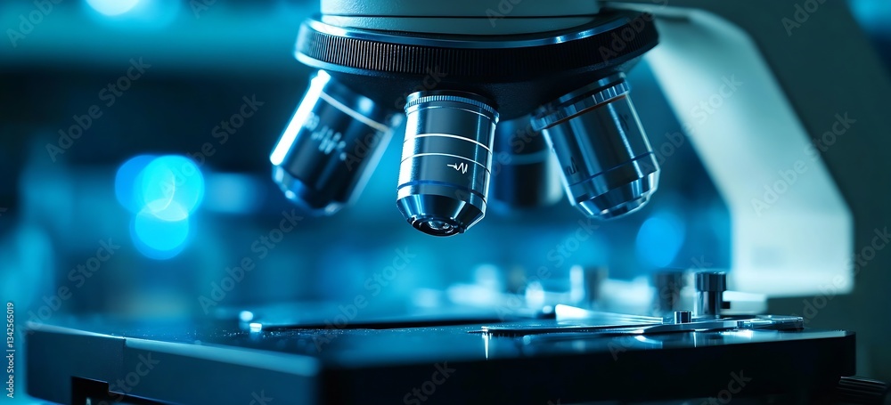 Poster Professional microscope showcasing advanced optical components for high precision in labs : Generative AI