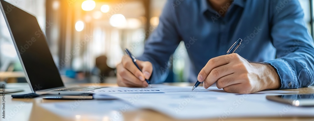 Poster professional man writing notes with laptop and documents on wooden desk in bright office : generativ