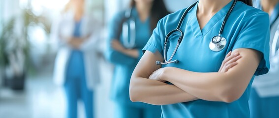 Dedicated healthcare workers in blue scrubs with arms crossed standing confidently in a modern medical facility : Generative AI