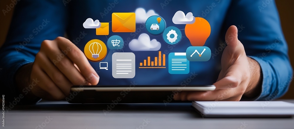 Leinwandbilder person using a tablet with various digital icons and applications emerging to illustrate technology 