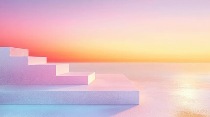 Fototapeta premium Peaceful Pastel Staircase Leading to Tranquil Ocean at Sunset with Gradient Sky