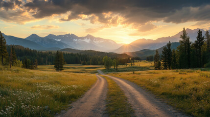 Backdrop of a dirt road with mountains in the background, pine trees, meadows at sunset